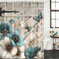 thumbnail image 2 of Teal Tulip Butterfly Shower Curtain, Waterproof Shower Curtains for Bathroom, Beige Turquoise Floral Farmhouse Wooden Washable Fabric Bathtub Curtain Set Bath Decor with 12 Hooks 72"x78", 2 of 8