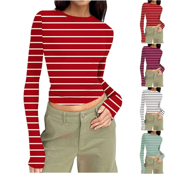 Dagugfen Womens Tshirts Trendy Striped Long Sleeve Crew Neck Comfy Lightweight Basic Fitted Crop Tops