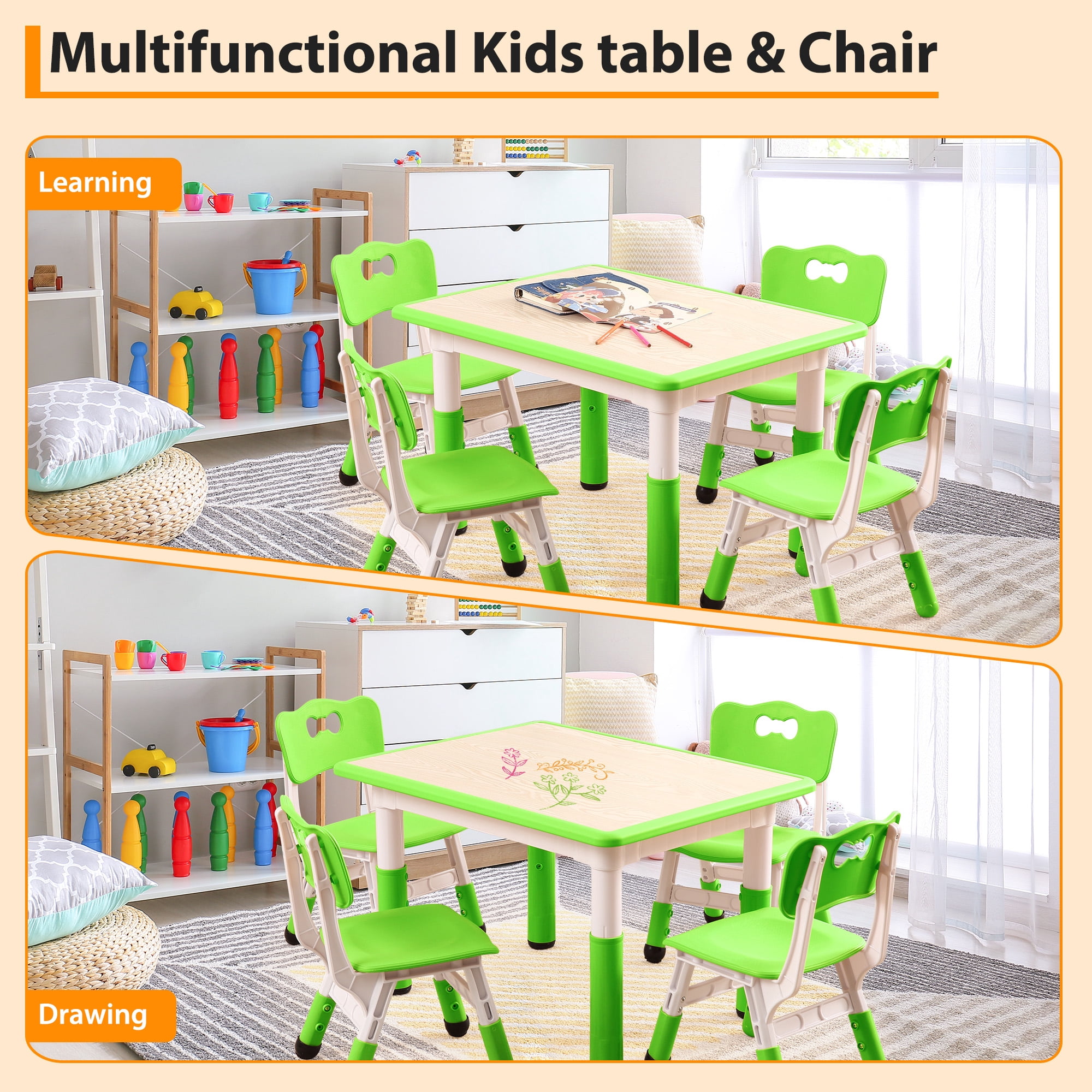 Toddler Table and Chair Set, Height Adjustable Kids Table and Chair Set of 4, Toddler Table for Reading, Drawing, Eating, for Ages Over 3, Green