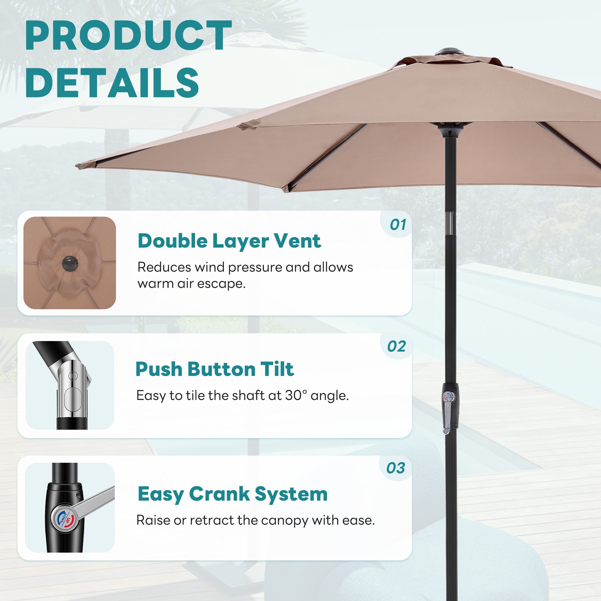 MCQ 7.5ft Outdoor Patio Umbrella with Push Button Tilt & Crank, 6-Rib Design, UV15+ Waterproof Fabric, Brown