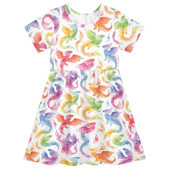 joogoo Dragon Fire Rainbow Girls' Short Sleeve Dress Kids Dresses 4T
