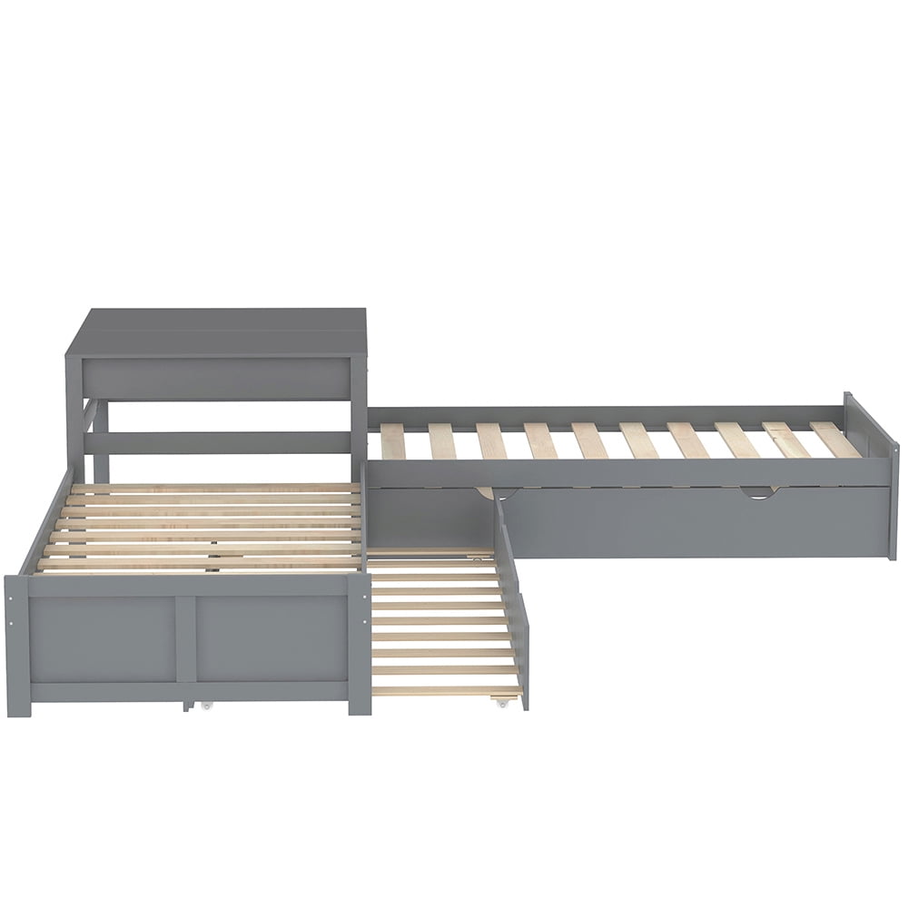 Kadyn L-shaped Platform Bed with Two Trundles and Built-in Square Table,Gray Kadyn L-shaped Platform Bed with Two Trundles and Built-in Square Table,Gray