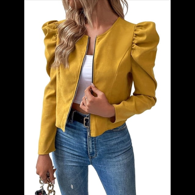 Chaqueta Corta de Larga para Mujer, con Cremallera, Abrigo, Ropa de Abrigo, Atuendo de Otoño, Chaquetones Amarillo Brillante M