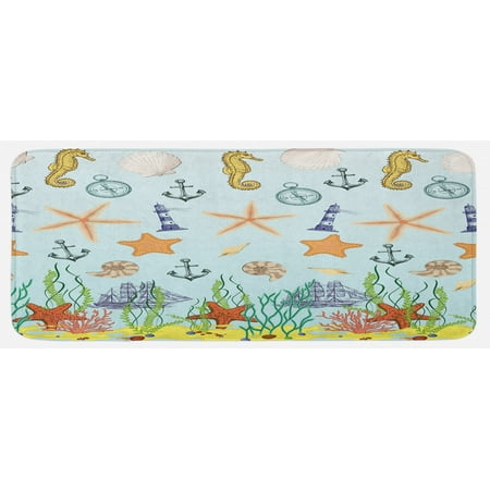 

Nautical Kitchen Mat Elements of the Ocean Composition with Seastars Seahorses and Hand Drawn Ships Plush Decorative Kitchen Mat with Non Slip Backing 47 X 19 Multicolor by Ambesonne