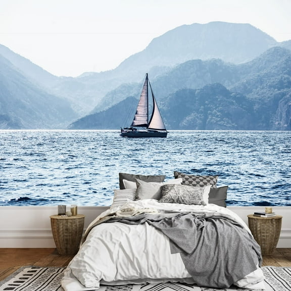 wall26 - Beautiful Sea Landscape, Sailboat Sailing on The Distance on Great Majestic Mountains Background - Removable Wall Mural | Self-Adhesive Large Wallpaper - 66x96 inches