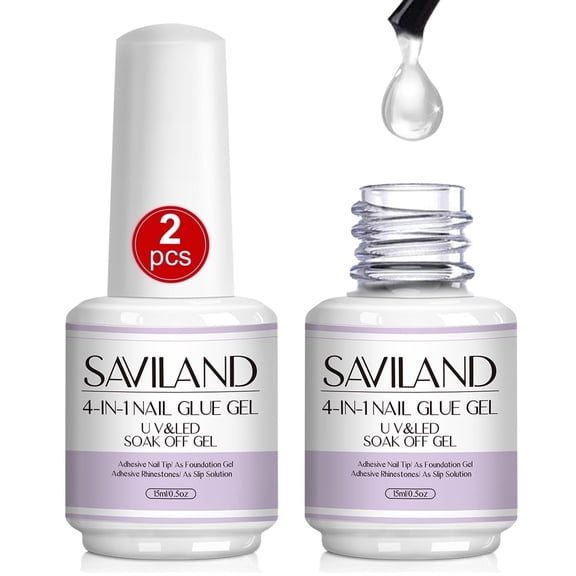 Saviland 2Pcs Super Strength Nail Glue Gel - 15ML 4-In-1 Long Lasting Clear Nail Glue for Fake Nails ,Professional Fake Nail Adhesive Glue