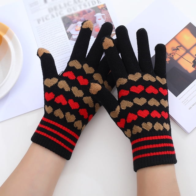 Women Can Enable Screen Gloves Warm Stretch Knitted Gloves Mittens Winter Keep Warm Knitting Heart Printing Golves Students Outdoor Riding Hiking Mittens