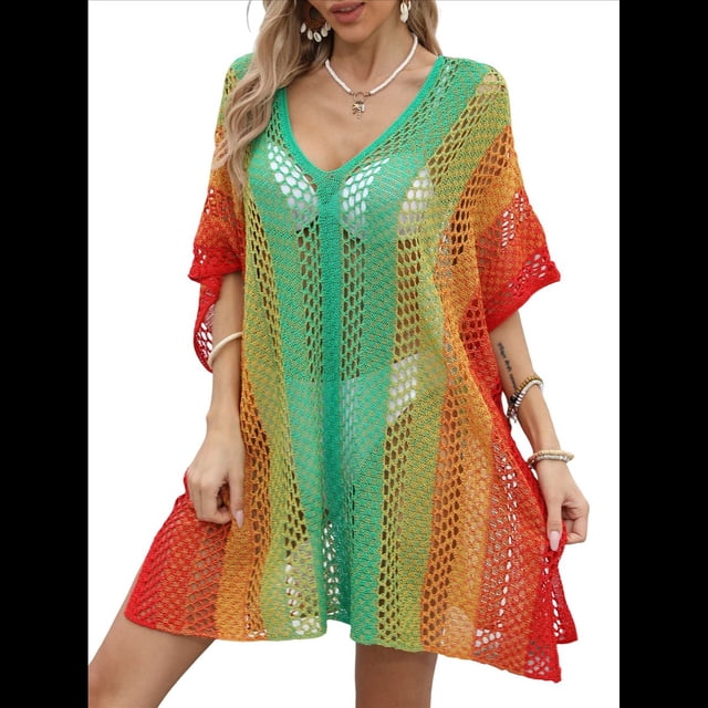 Vestido Corto de Crochet para Mujer, Elegante Vestido y de Verano, Informal y Calado. Verde Talla Única