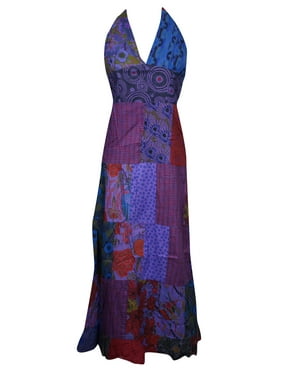Mogul Women Patchwork Floral Maxi Dress Cotton Deep V Neck Printed Sundress S/M