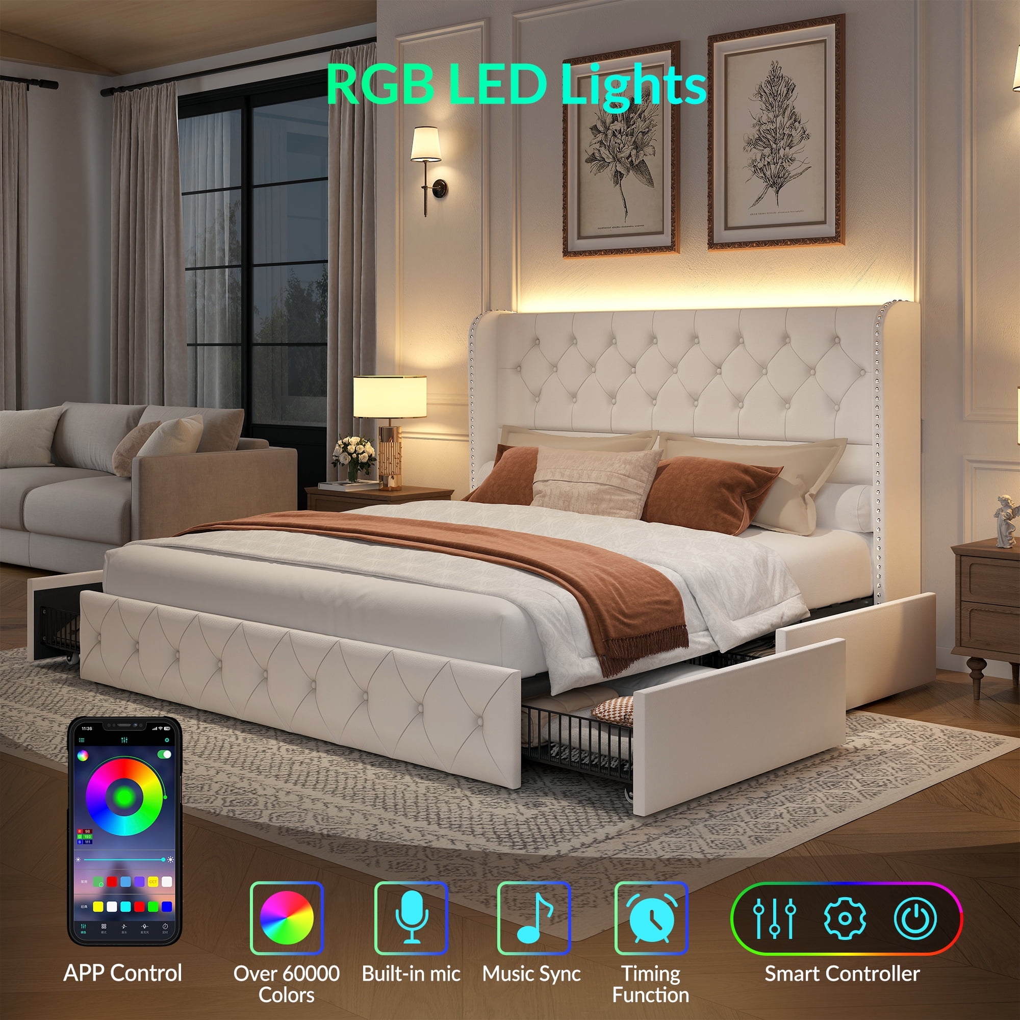 Breltam King Size Bed Frame with Storage Drawers and Tufted Headboard Velvet Upholstered Platform Bed Frame with LED Light Wingback, White