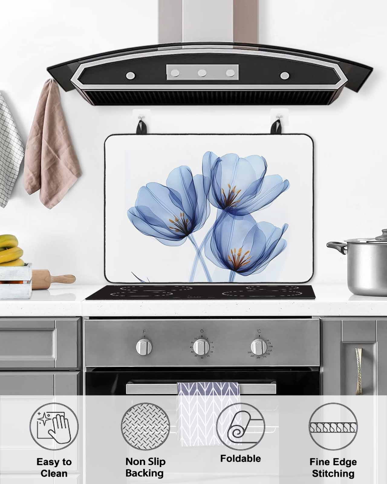nqOlkjepod Large Induction Cooktop Protector Mat 36"x21", Light Blue Tulip Stove Top Covers for Electric Stove, Elegant Modern Rustic Botanical Floral Stove Burner Cover Mats, Glass Top Stove Cover
