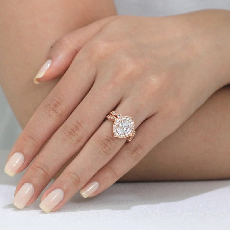 Vintage Floral Art Deco Bridal Set – Oval Cut Wedding Ring Set in 14K Rose Gold Vermeil – Classic Flora Statement Engagement Ring for Women