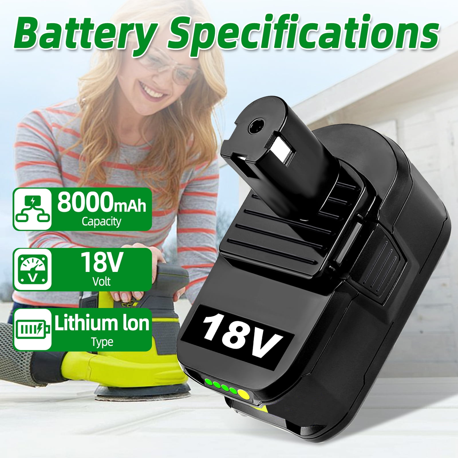 2 Pack High-Capacity 8.0Ah Battery Replacement for Ryobi 18V Battery Fits for Ryobi Battery Compatible with Ryobi Battery 18V P102 P103 P104 P105 P107 P108 P109 P190 P122