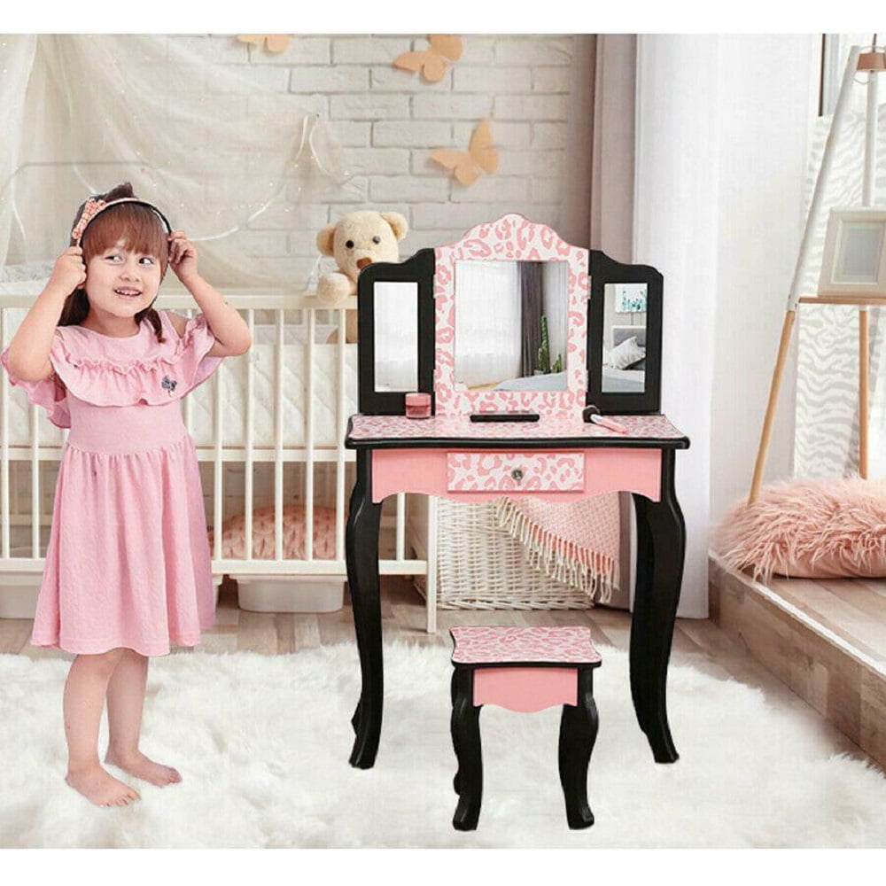Details about  / Girls Vanity Makeup Kids Dressing Table Set w//Stool Drawer /& Mirror Jewelry Rose
