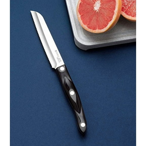 CUTCO Model 3721 Santoku-Style Trimmer with Double-D® serrated edge blades and Classic Dark Brown handles (often called "Black").