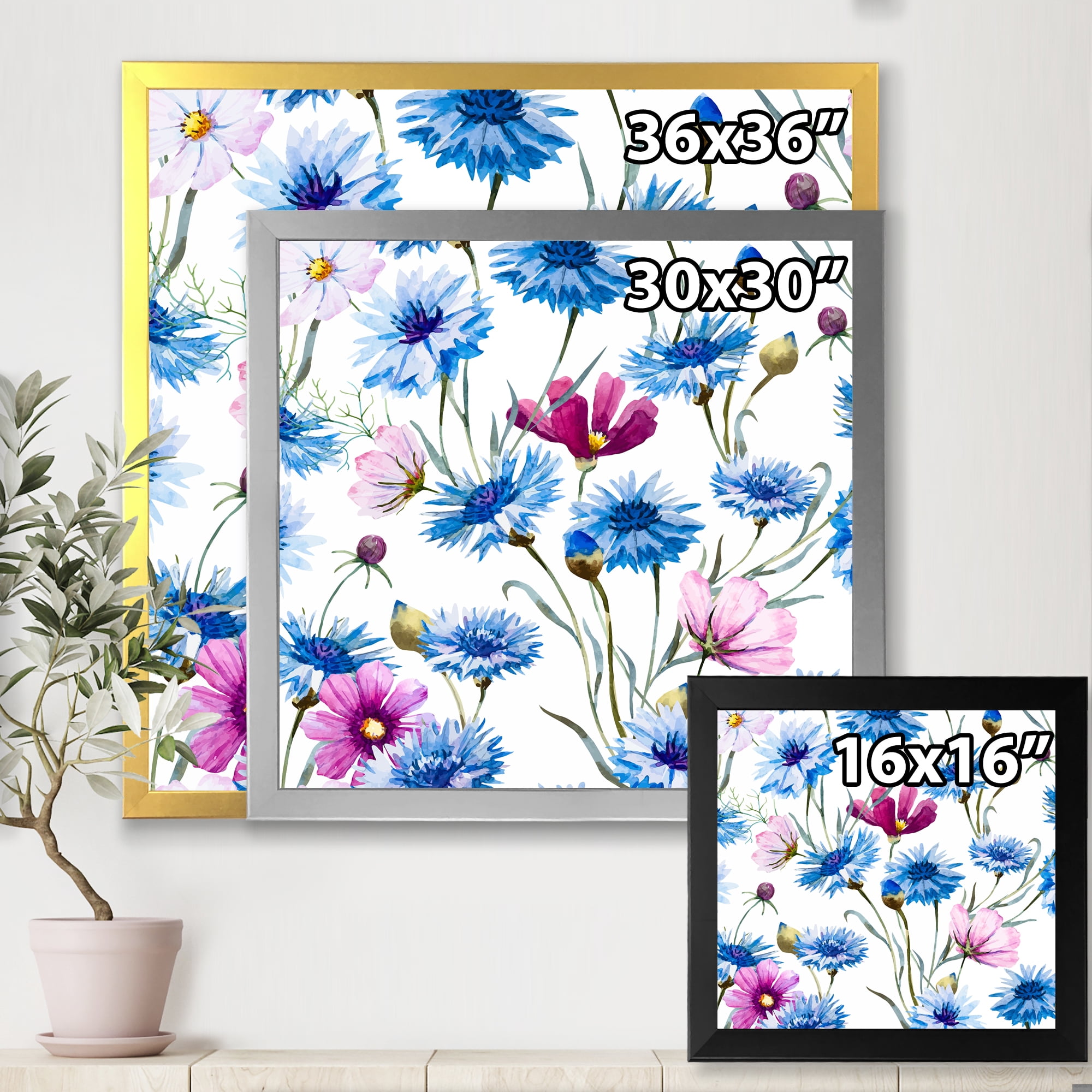 Designart 'Pink and Blue Wild Cornflowers' Traditional Framed Art Print