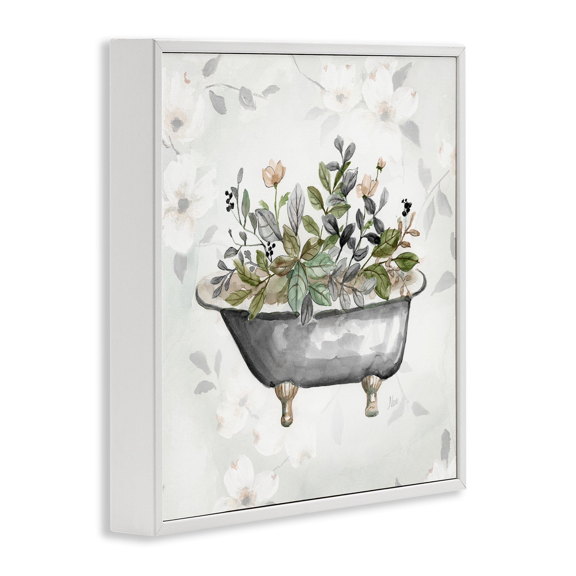 Stupell Industries Leaf Patterned Tub Typography Painting White Framed Art Print Wall Art, 17 x 17