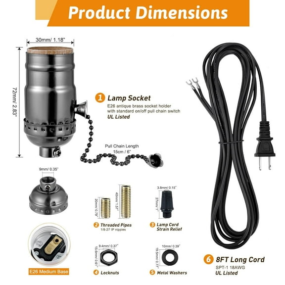 GHRTGR-Lamp Repair Socket Kit,Pull Chain ON/Off Switch Socket for DIY Lamp with 8 feet Matching Cord and Essential Hardware, Table Lamp Rewiring Kit for Vintage Lamps or DIY Lighting Fixtures (Black)
