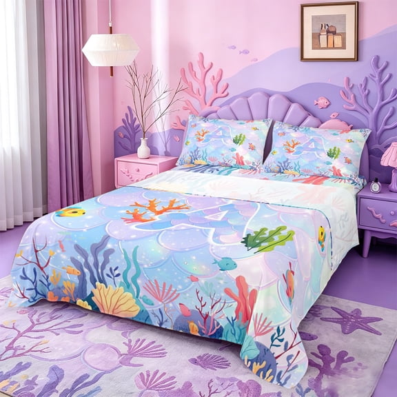 meiyoeat watercolor Sea Life Coral Bed Sheets,Ocean Initial A Full Size Sheets,4-Piece,1 Flat Sheet,1 Fitted Sheet and 2 Pillowcases