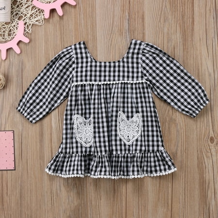 Plaid And Floral Dress - Kids Children Baby Girl Long Sleeve Ruffle Tassel Lace Floral Pocket Split Joint Plaid Dress