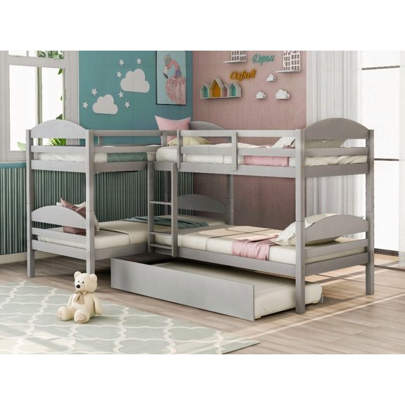 Twin L-Shaped Bunk bed featuring a trundle in Gray - Sturdy Pine Construction for Longevity