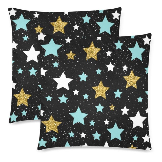 BOSDECO Housses de Coussin Or et Étoile Impression Recto-Verso 18x18 Pouces, Ensemble de 2