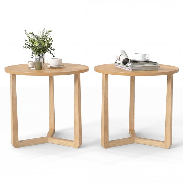 Gymax 2PCS Round Side Table w/Sturdy Rubber Wood Legs Triangular Structure for Bedroom Natural