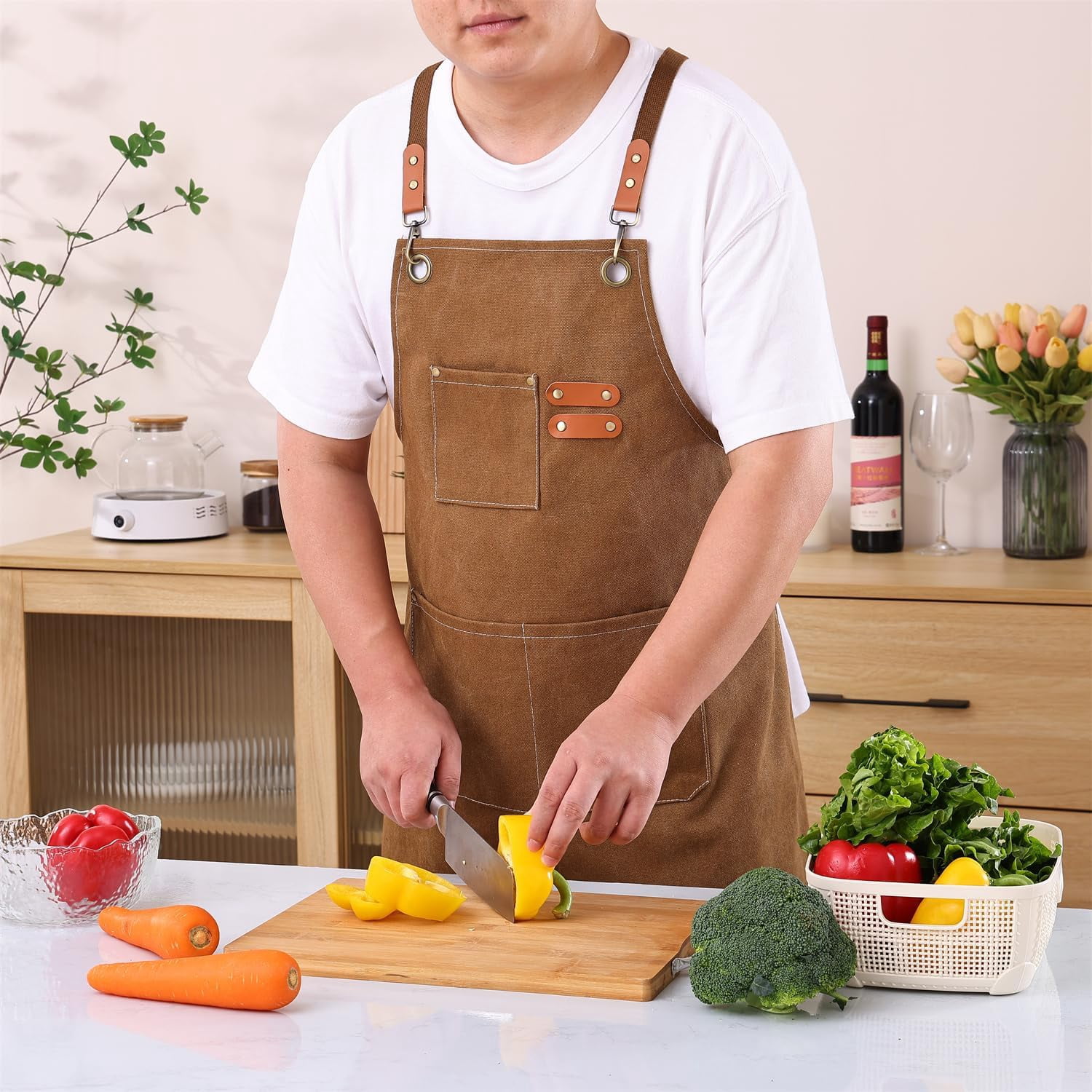 Chef Apron Medium-Thick Cotton Canvas,Cross Back with Multiple Pockets Adjustable Work Apron for Men and Women (Brown)
