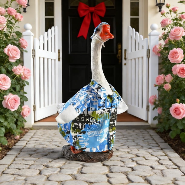 Estatua de poliéster con disfraces de gansos para porche, camisa blanca decorada con gansos, estatua de gansos para jardín, patio, césped, decoración del hogar, decoración de otoño, decoración de habi
