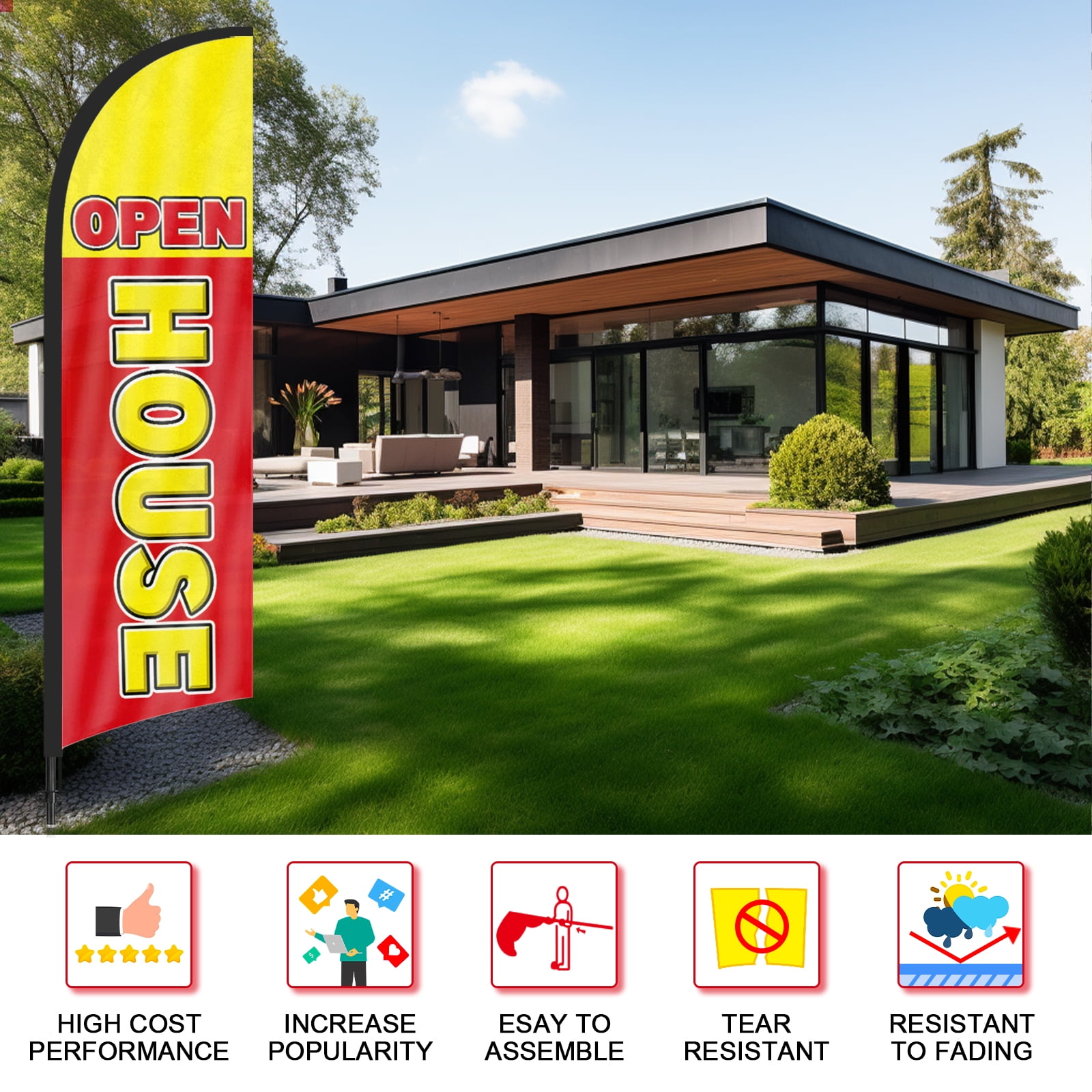 QSUM Open House Sign Feather Flag with Pole Kit,8FT Open House Decoration Display, Open House Business Sign,Open House Swooper Flag(YELLOW&RED)