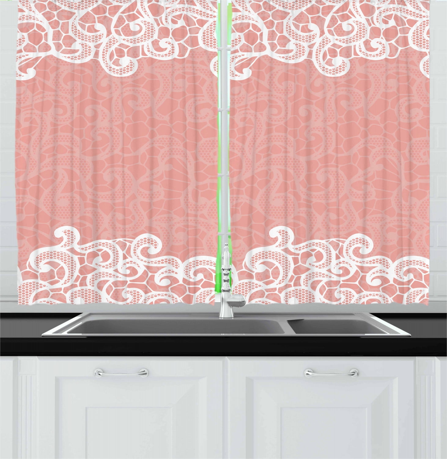 Peach Curtains 2 Panels Set, Lace Design on Soft Colored Background