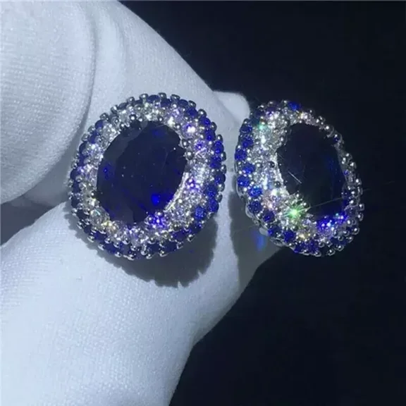 Oval Cut Blue Sapphire Double Halo Stud Earrings in 14K White Gold Plated for Women: