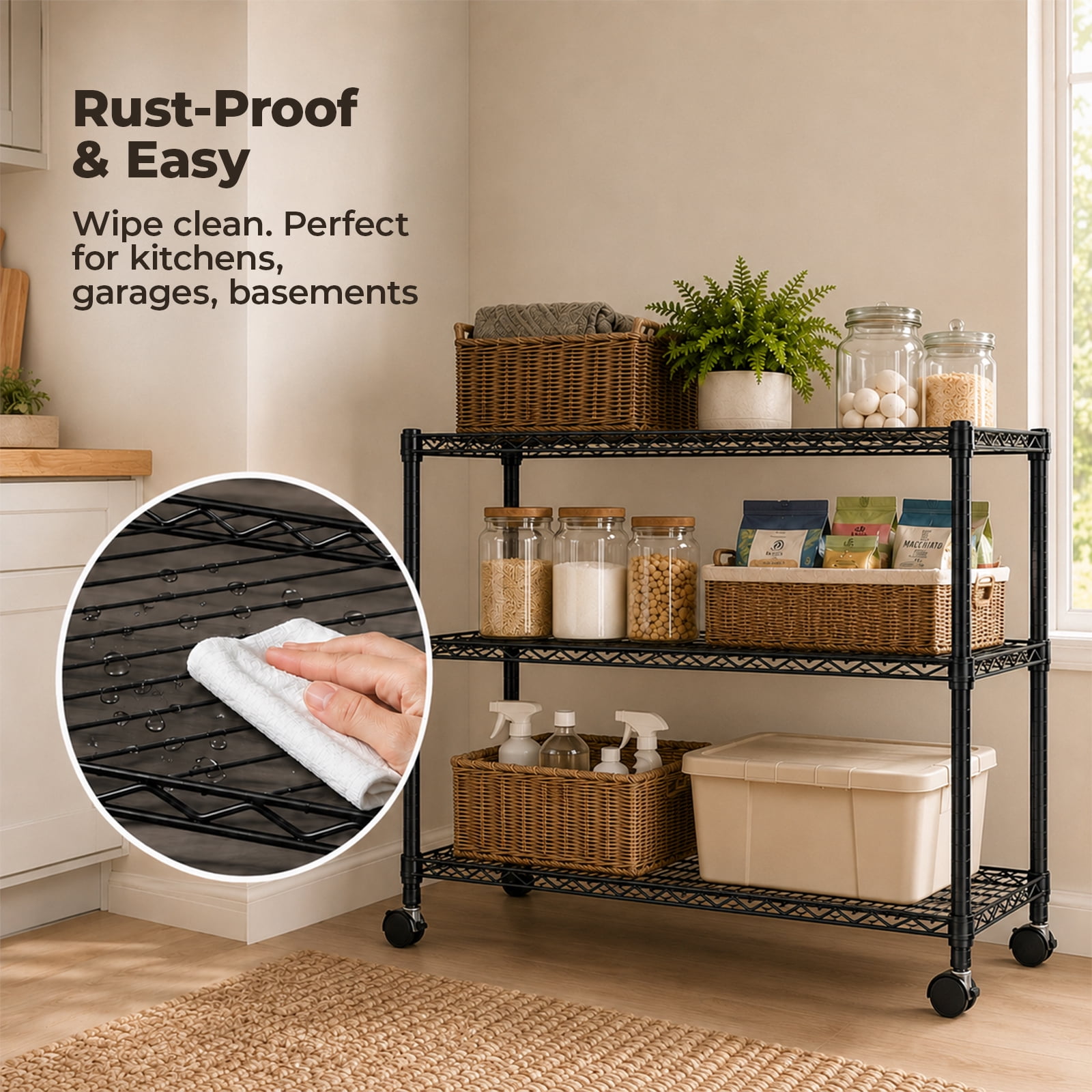 Alvantor 3/4/5 Tier Heavy Duty Adjustable Metal Shelf with Wheels, No-Tool Assembly, Suitable for Garages, Kitchens, Storage Rooms, Laundry Rooms and Offices