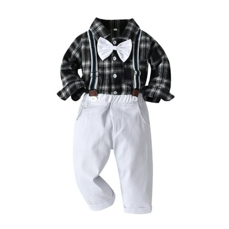 

Bullpiano 0-7Y Baby Boys Clothes Toddlers Dress Outfits Cotton Shirt + Bow Tie + Suspender Pants 3 Piece Infant Gentleman Suits