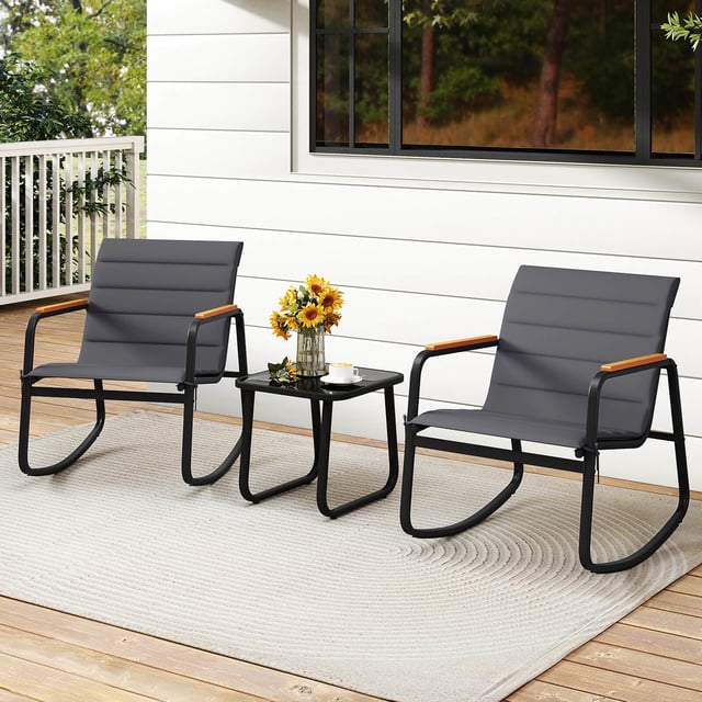 Costway 3 PCS Outdoor Rocking Bistro Set with Tempered Glass Table Metal Frame Soft Cushions