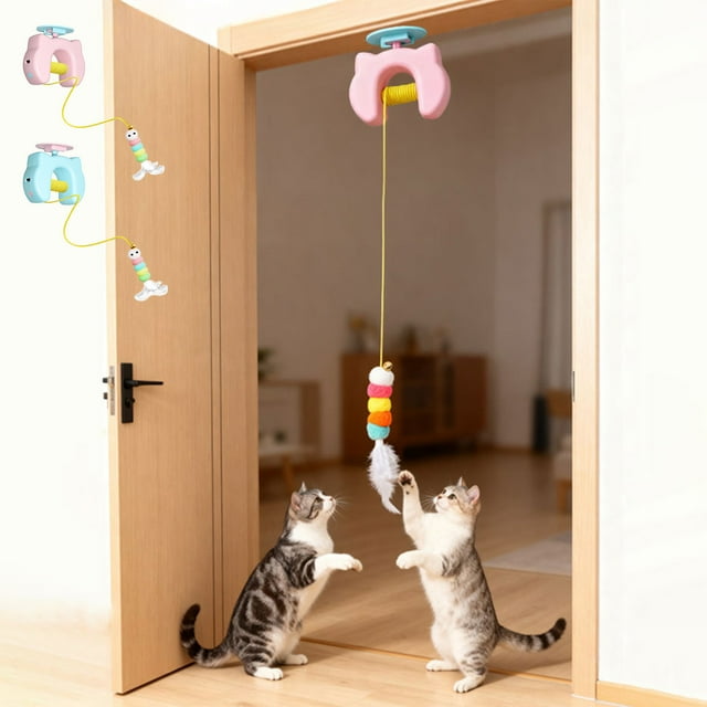 Juguete automático para gatos con correa elástica y bola de plumas - Motor inteligente, función temporizador, plástico ABS, rosa/azul