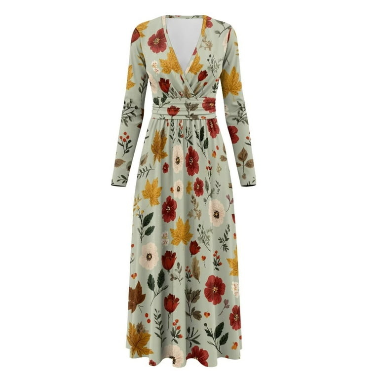 Fkelyi Retro Leaf Flower Print Fall Maxi Dress for Women Long Sleeve V Neck Wedding Guest Dresses Flowy A-Line Elegant Dress with Pockets, 2XL Fkelyi Retro Leaf Flower Print Fall Maxi Dress for Women Long Sleeve V Neck Wedding Guest Dresses Flowy A-Line Elegant Dress with Pockets, 2XL