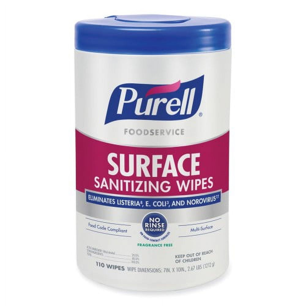 PURELL Foodservice Surface Sanitizing Wipes, 1-Ply, 10 x 7, Fragrance-Free, White, 110/Canister, 6 Canisters/Carton