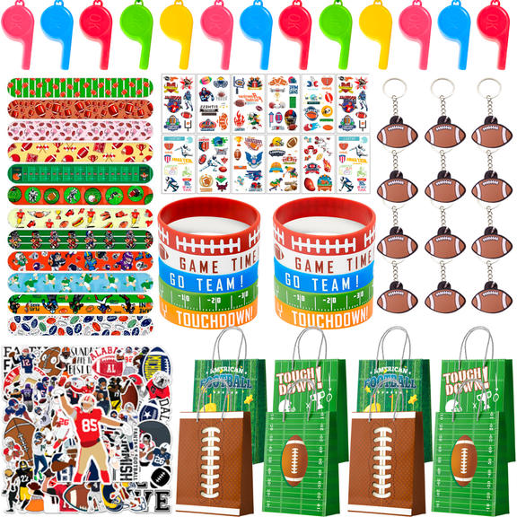 Football Party Favors, 122pcs All-In-One Football Themed Party Favors - Green Bags Keychains Bracelets Stickers Whistle Etc Party Favors