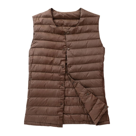 Women's Collarless Quilted Puffer Vest - Lightweight Down-Filled Sleeveless Waistcoat, Minimalist Casual Outerwear with Side Pockets
