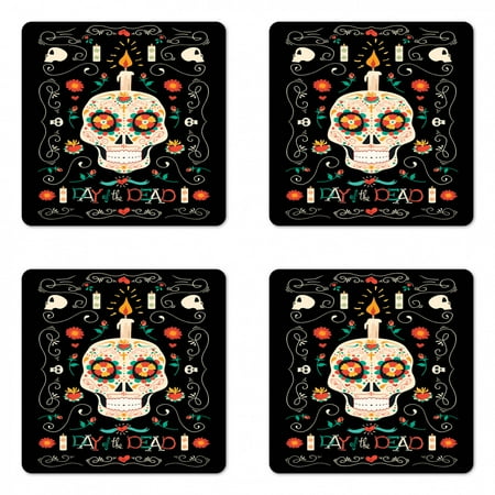 

Sugar Skull Coaster Set of 4 Calavera Head with a Burning Candle Remembering and Honoring the Dead Square Hardboard Gloss Coasters Standard Size Black and Multicolor by Ambesonne