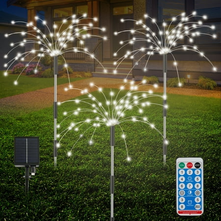 

3 Pack Solar Garden Firework Lights 120 LED Copper Wire Light with Remote Control 8 Lighting Modes Decorative Stake String Light Waterproof DIY Solar Firework Lights for Garden Pathway