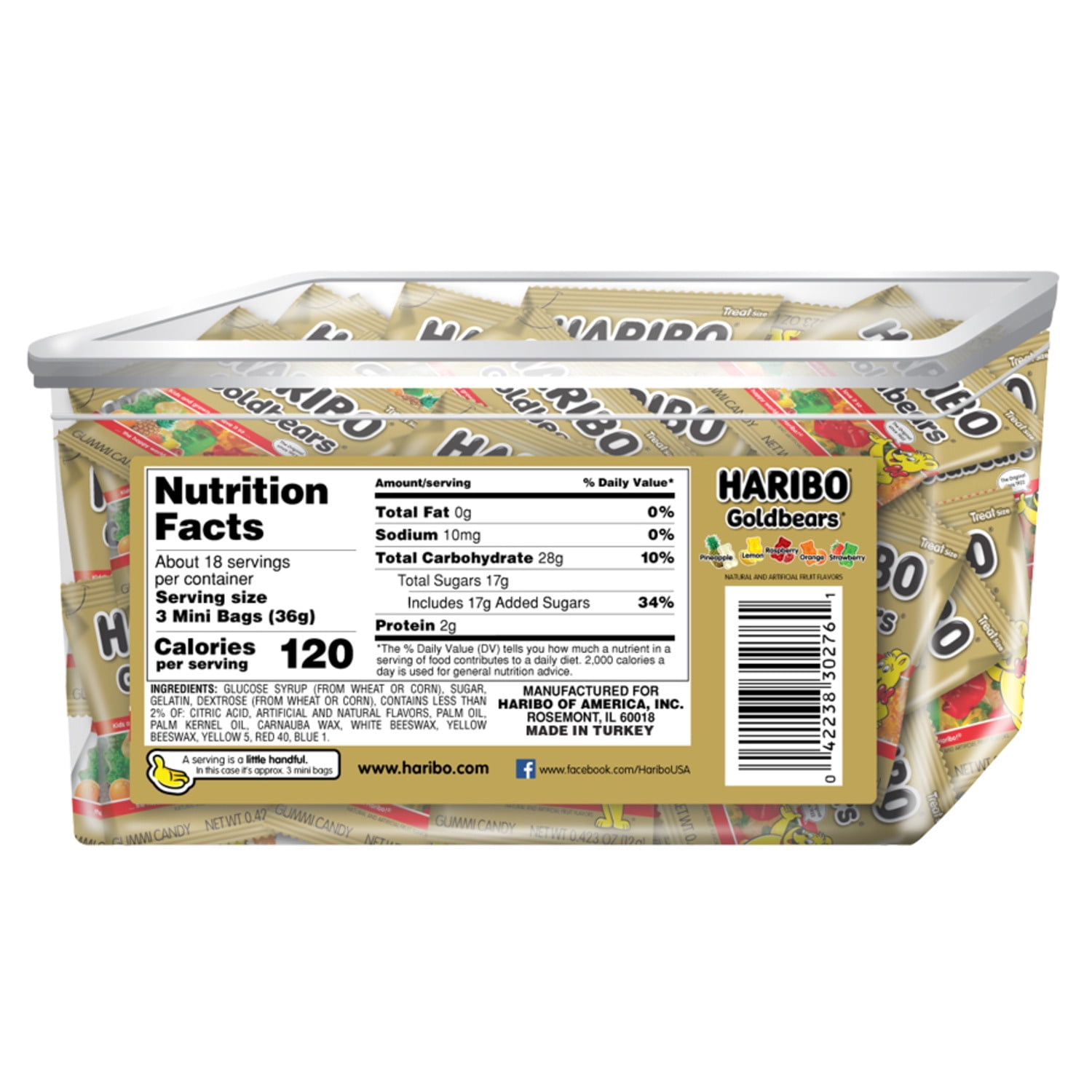(2 pack) HARIBO Goldbears Gummy Bears Original Assorted Fruit Flavor Candy Gummies, Candy Tub, 22.8oz, 54ct Mini Gummy Pouches