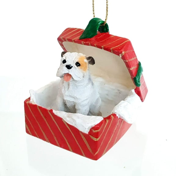 Eyedeal Figurines Bull Dog White English Bulldog Sits in a Red Gift Box Christmas Ornament New RGBD05C
