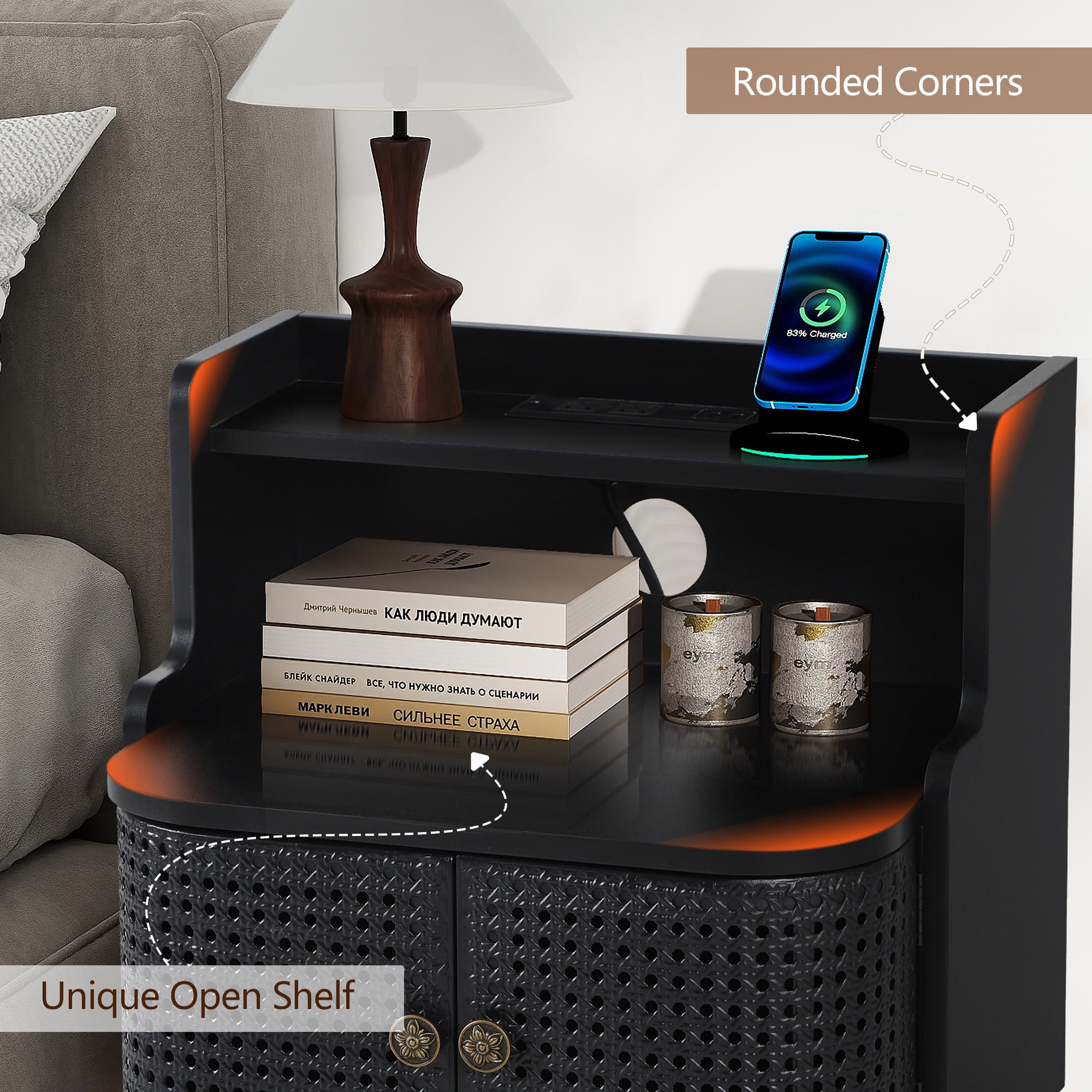 YOCWO Large Storage Nightstand Set of 2 with Charging Station Iron Rattern Pattern, Farmhouse Square End Table with 2 Door and Open Shelf for Bedroom Living Room, Black