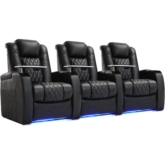 Home Theater Seating Top Grain Leather Recliner Chair Dual Power Movie Gaming Sofa Electric Headrest with Tray Table Type-C USB Charge Cup Holders (Row of 3 Loveseat Left, Black)