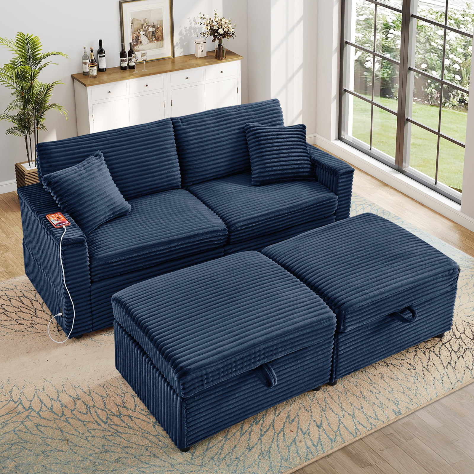 Muumblus Loveseat Sectional Sofa with 2 Storage Ottomans, Modular Cloud Couch with 2 Side Tables & USB, Plush Double Chaise Lounge Sofa Bed Indoor, Blue Corduroy