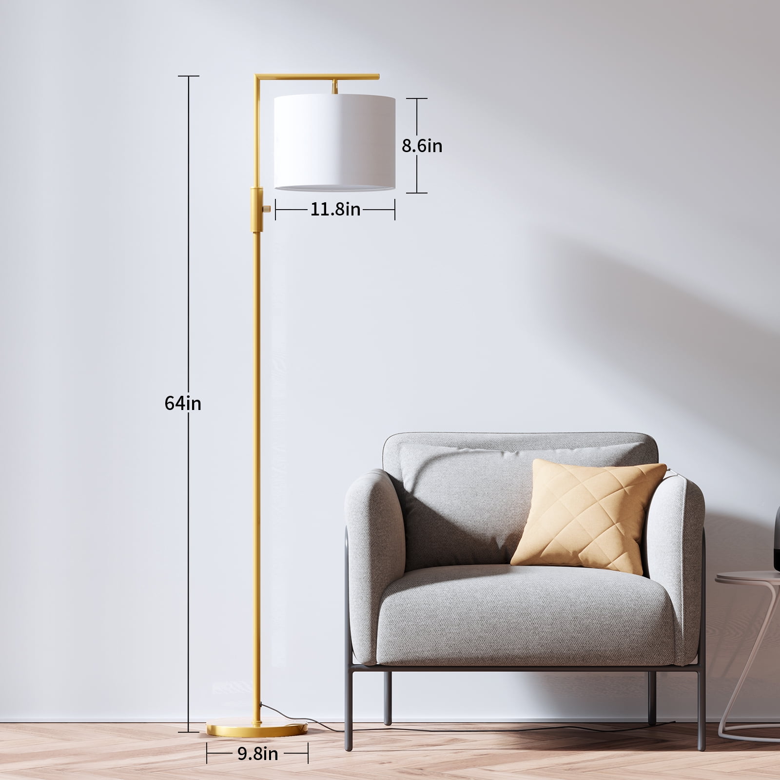 SUNMORY Iron Modern Standing Lamp, Gold Floor Lamp for Living Room, with Rotary Switch, Hanging Shade and 3 Color Temperatures 9W Bulb for Bedroom, Study Room, Office