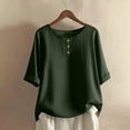 thumbnail image 2 of RYRJJ Linen Shirts for Women 3/4 Sleeve Button Down Henley V Neck Summer Beach Tops Dressy Casual Cute Loose Fit Blouses(Army Green,M), 2 of 5