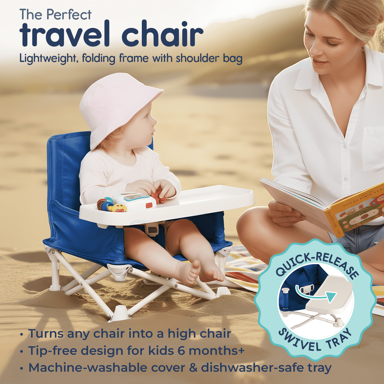 Hiccapop OmniBoost Travel Booster Chair with Tray, Folding Portable Booster Seat for Dining Table, Camping, Beach, Grandma’s, Tip-Free Design, Blue